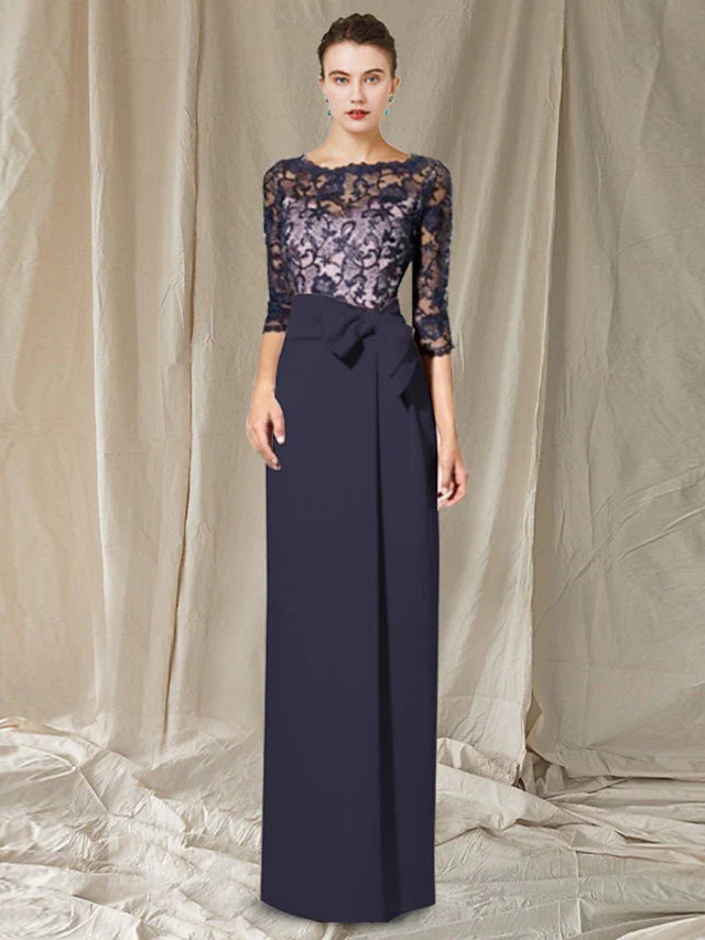 Wholesale Sheath / Column Mother of the Bride Dress Elegant Jewel Neck Floor Length Chiffon Lace 3/4 Length Sleeve with Bow(s) Color Block